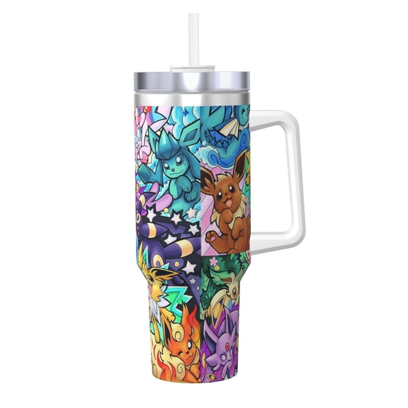 Cute Ee-vee 40oz Ice Bully with Handle Water Bottle Straw Sports Insulated Stainless Steel Reusable Leak Proof Car Cup