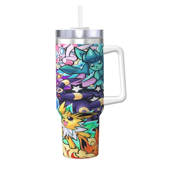 Cute Ee-vee 40oz Ice Bully with Handle Water Bottle Straw Sports Insulated Stainless Steel Reusable Leak Proof Car Cup