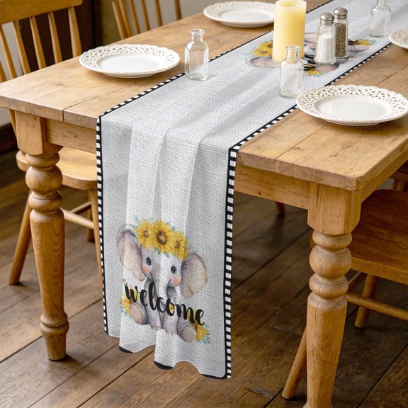 Cute Elephant 10ft Cheesecloth Table Runner for Wedding 27"x120", Welcome Words Animal Flower Film Boundary Linen Texture Kitchen Dinner Sheer Tulle Chiffon Dresser Scarf, Holiday Party Decorations
