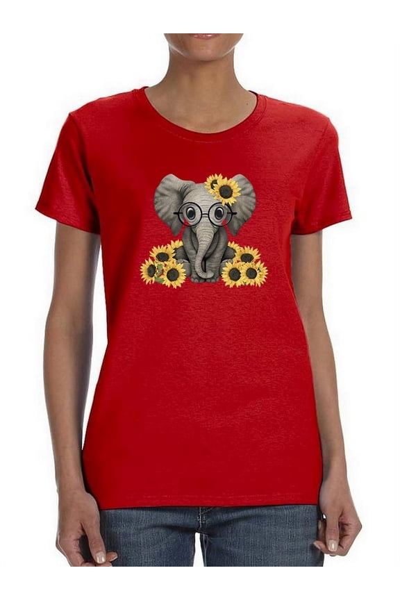 Cute Elephant And Sunflowers Women T-Shirt, Female Medium