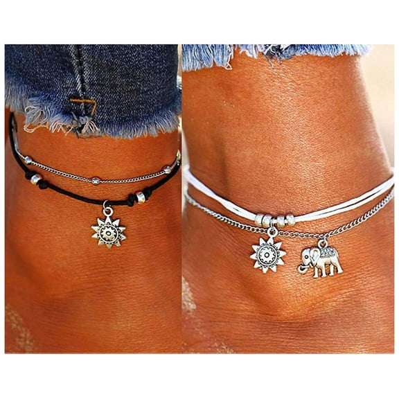 Cute Elephant Anklets, Kucheed Ankle Bracelets Sunflower Boho Layered Rope Adjustive Anklets Handmade Beach Foot Jewelry for Women