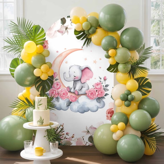 Cute Elephant Arch Backdrop Cover, 4FT, Spring Pink Watercolor Floral Moon Cloud Spandex Arch Covers Double-Sided Backdrop for Wedding Birthday Party Photo Background Decoration