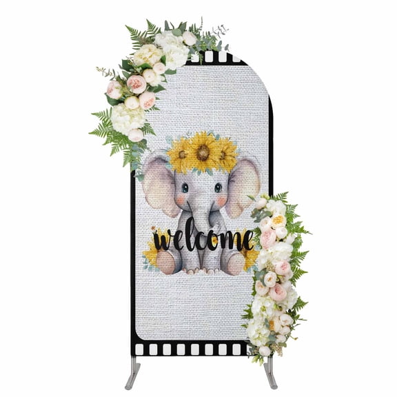 Cute Elephant Arch Backdrop Cover 5FT, Funny Sunflowers Animal Welcome Sign Linen Spandex Fitted Stretchy Arch Stand Covers, Round Top Chiara Backdrop Cover for Wedding Party Birthday Baby Shower