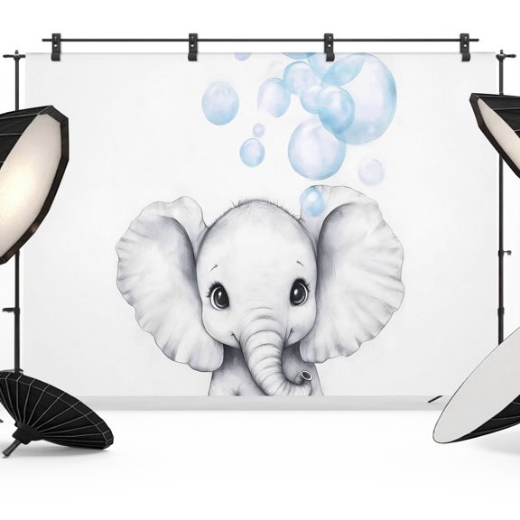 Cute Elephant Backdrops for Photography, Blue Watercolor Bubbles Animal Pattern Fabric Photo Background Sturdy Studio Props for Photo Studio, Video Recording, Booth & Photoshoot 12x8ft