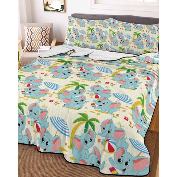 Cute Elephant Beach King Size Down Alternative Comforter, Lightweight Comforter Quilt Bedding Set with Pillow Shams Tropical Summer Funny Animals All Seasons Bed Comforter Duvet Insert 96"x106"