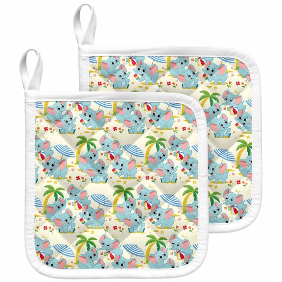 Cute Elephant Beach Pot Holders for Kitchen Heatproof Potholder, 2 Pack Tropical Summer Funny Animals Hot Pads Multipurpose Oven Pads Cloth Potholders Trivet for Cooking and Baking