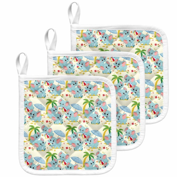 Cute Elephant Beach Pot Holders for Kitchen Heatproof Potholder, 3 Pack Tropical Summer Funny Animals Hot Pads Multipurpose Oven Pads Cloth Potholders Trivet for Cooking Baking
