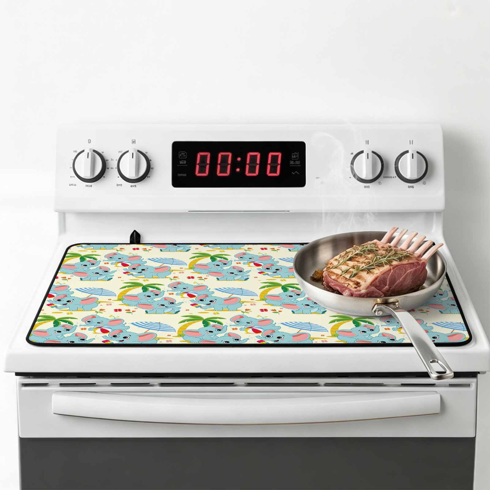 Cute Elephant Beach Stove Top Cover for Electric Stove, Heat-proof & Non Slip Glass Top Stove Cover Protector, Tropical Summer Funny Animals Kitchen Flat Cooktop Rubber Mat 24x21 Inches