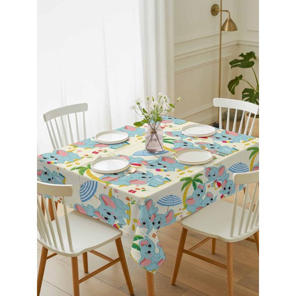 Cute Elephant Beach Tablecloth Rectangle Table Cloth 52x70, Waterproof Tablecloth Outdoor Table Cloth, Tropical Summer Funny Animals Washable Table Cover for Kitchen Dinning Party