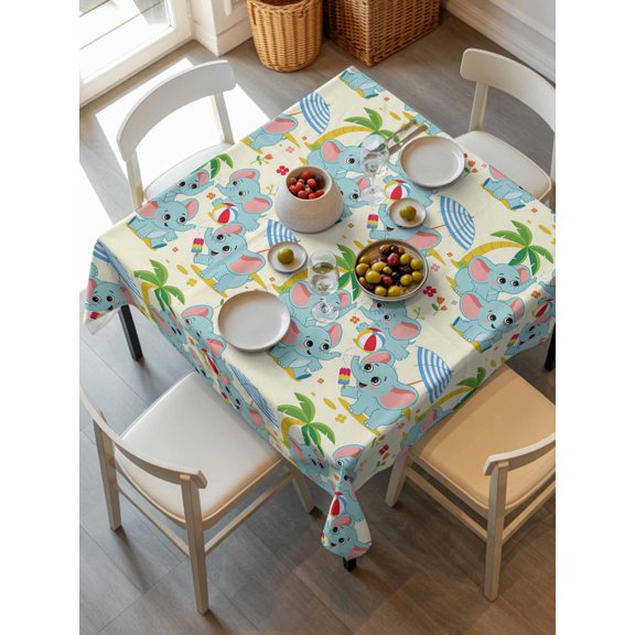Cute Elephant Beach Tablecloth Square Table Cloth 54x54,Waterproof Outdoor Table Cloth Covers Decorative Table Protector ,Tropical Summer Funny Animals Washable Table Cover for Kitchen Dinning Party