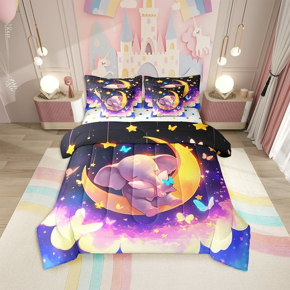 Cute Elephant Bed in a Bag 7 Piece Twin Size Dreamy Style Bedding Sets Starry Sky Print Comforter Set with Sheets Cartoon Animal Elephant Bed Set Kawaii Animal Elephant Sheets