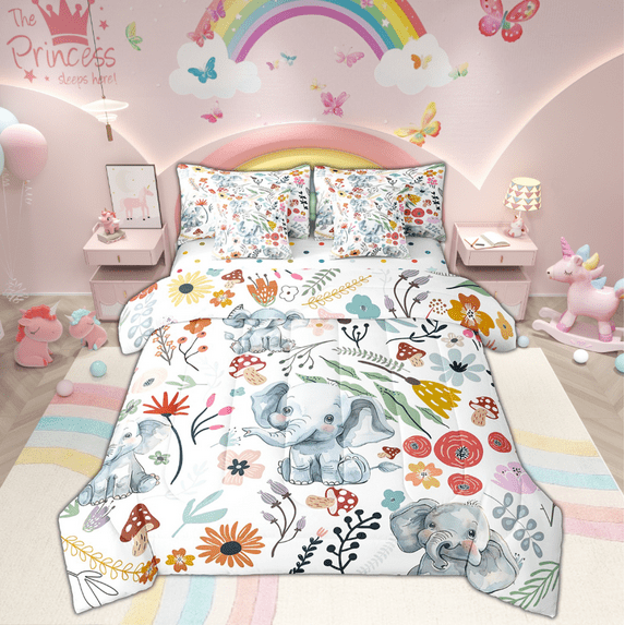 Cute Elephant Bed in a Bag King Size Comforter Set 7 Pieces,Mushroom Floral Cartoon Animal Bedding Sets Watercolor Flowers Leaves Sheet Set with Comforter