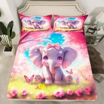 Cute Elephant Bed Sheets Twin Lovely Cartoon Animal Fitted Sheet Kawaii Elephant Bed Set Pink Floral Butterfly Decor Bedding Set Rustic Farmstyle Bedding(No Top Sheet)