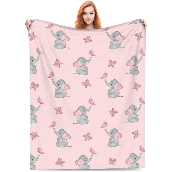 Cute Elephant Blanket Gifts for Kids Girls Elephants Butterfly Throws Soft Lightweight Plush for Sofa Couch Living Room Bed Camping Travel 40"x50" White Elephant Poster Decor for Women Adults Pink