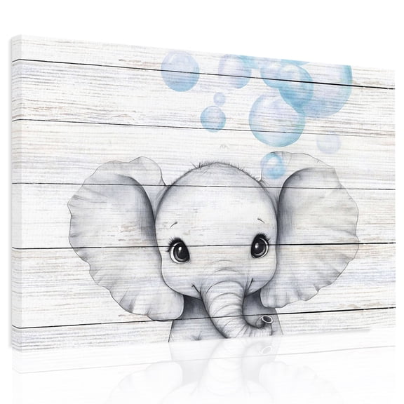 Cute Elephant Canvas Print Wall Art, Blue Watercolor Bubbles Animal Rustic Wall Decor Modern Artwork Paintings Pictures for Living Room Framed and Stretched Ready to Hang 24" x 32"