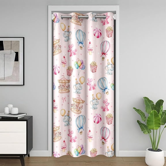 Cute Elephant Carousel Door Curtain(1 Panel),Amusement Park Doorway Privacy Curtain for Kids Girls Teens Cartoon Balloon Popcorn Closet Door Curtains Pink Dreamy Bedroom Kitchen Decor,42"Wx80"L