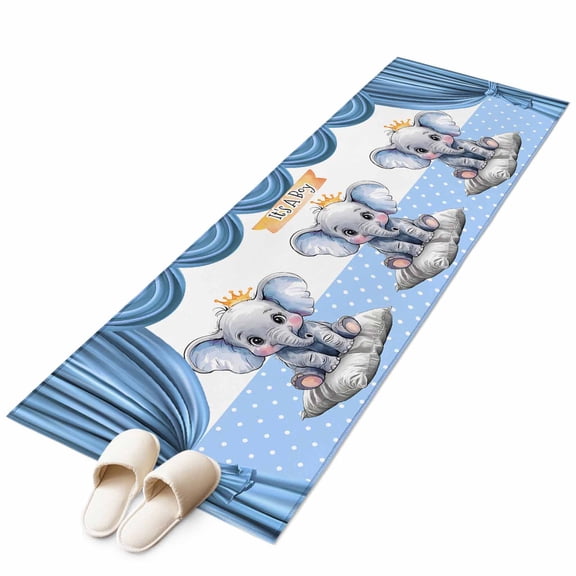 Cute Elephant Cartoon Animal Non-Slip Non-Shedding Floor Mat, Polka Dot Blue Back Washable Sturdy Carpet for Living Room Bedroom Home Decor