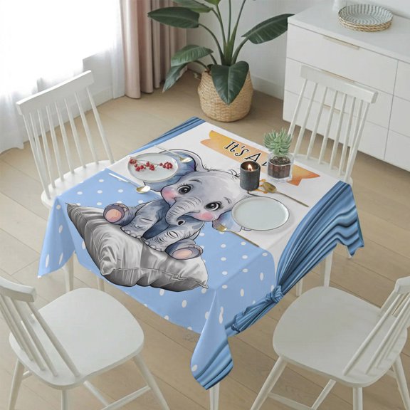 Cute Elephant Cartoon Animal Table Cloth 54x54in, Waterproof Square Tablecloth Wipeable Tablecloths Polka Dot Blue Back Table Covers for Dining Tables Party Indoor Outdoor