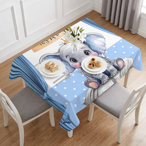 Cute Elephant Cartoon Animal Table Cloth 60x84in, Waterproof Rectangle Tablecloth Wipeable Tablecloths Polka Dot Blue Back Table Covers for Dining Tables Party Indoor Outdoor