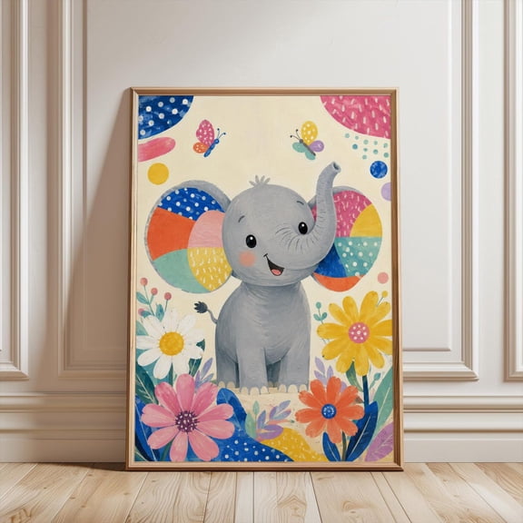 Cute Elephant Colorful Nursery Floral Animal Girl Poster