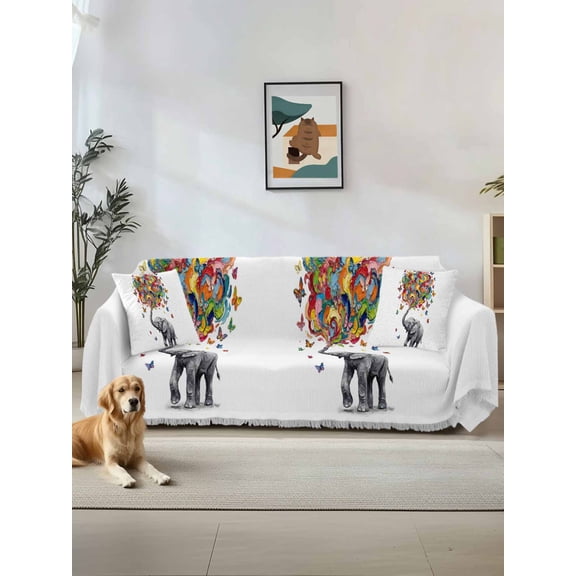 Cute Elephant Couch Cover, Modern Abstract Oil Painting Aesthetic Sofa Cover Blanket for Loveseat Couches, Sectional Sofa Slipcover Furniture Protector for Living Room Bedroom 71''x118''