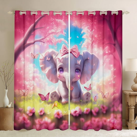Cute Elephant Curtains Lovely Cartoon Animal 30%-50% Blackout Curtains Kawaii Elephant Bedroom Curtains Pink Floral Butterfly Decor Window Curtains Rustic Farmstyle Curtains,52"Wx63"L