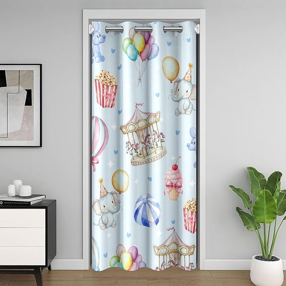 Cute Elephant Door Curtain(1 Panel),Carousel Hot Ait Balloon Doorway Privacy Curtain for Kids Boys Teens Blue Love Heart Closet Door Curtains Cartoon Amusement Park Bedroom Kitchen Decor,52"Wx80"L