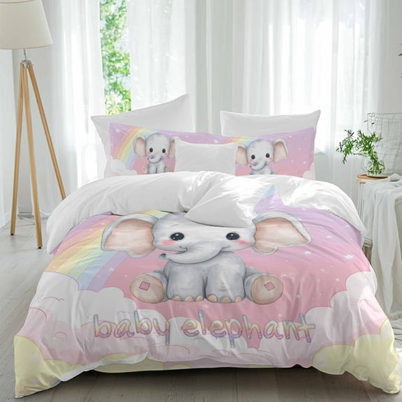 Cute Elephant Duvet Cover Set Queen Size, Dreamy Cloud Star Rainbow Pink Gradient 4 Piece Bedding Set with Zipper Closure & Corner Ties Soft Breathable Comforter Cover for Bedroom