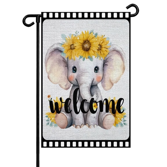 Cute Elephant Garden Flag 12x18 Inch Welcome Words Animal Flower Film Boundary Linen Texture Double Sided Small Decorative Garden Flags for Outside, Outdoor Yard Porch Lawn Decoration