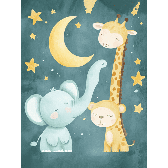 Cute Elephant Giraffe Monkey Night Canvas Print Wall Art,Suitable for Living Room Bedroom Nursery Kids Room Playroom and Office Decor