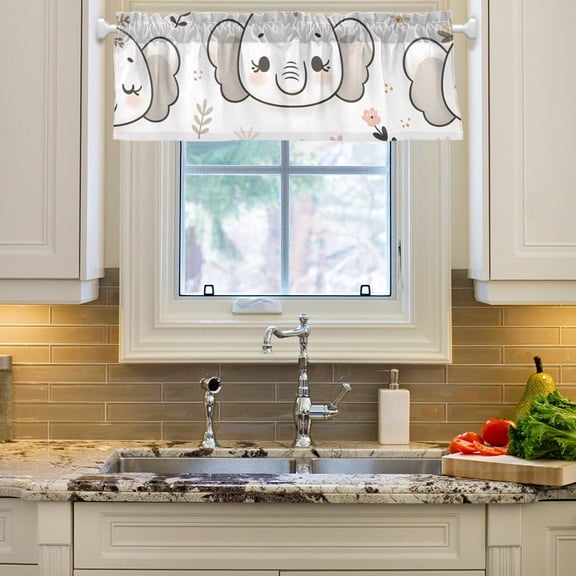 Cute Elephant Heads Face Curtain Valances Farmhouse Design Window Treatment Decor Blackout Rod Pocket for Windows Living Room Kitchen 54" x 18"