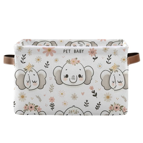 Cute Elephant Heads Face Storage Bins with Handle Fabric Organizer Basket Foldable Box 1 Pack 14.2x10.2x8.3