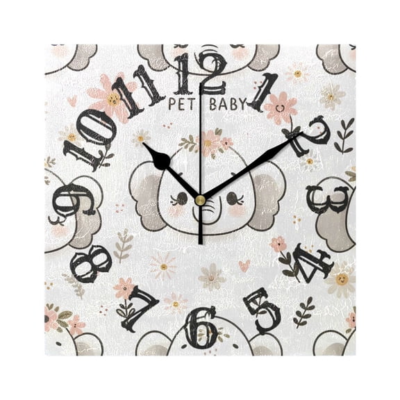 Cute Elephant Heads Face Wall Clock Square Silent Non Ticking Battery Operated Clock for Home Bathroom Kitchen Bedroom Living Room