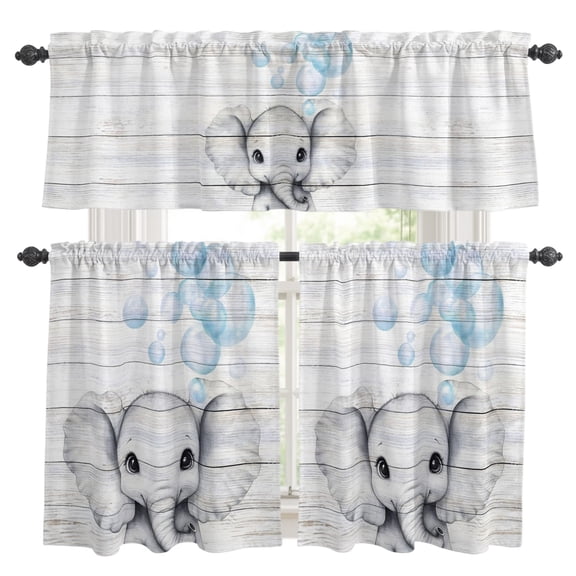 Cute Elephant Kitchen Curtains Set for Windows, Blue Watercolor Bubbles Animal Rustic Curtains Valance and Tier 3 Piece Set Small Drapes 24 Inch Length for Kitchen Bedroom Decor