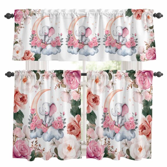 Cute Elephant Kitchen Curtains Valances and Tiers 3pcs Spring Pink Watercolor Floral Moon Cloud Tier Curtains and Valance Rod Pocket Valance Curtains Set for Kitchen Bathroom Small Windows 27.5"x24"