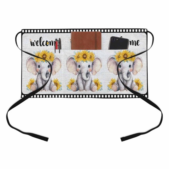 Cute Elephant Kitchen Restaurant Half Waist Apron, Welcome Words Animal Flower Film Boundary Linen Texture Server Short Apron with 3 Pockets Waterproof Oil Waist Aprons for Women Waitress Waiter