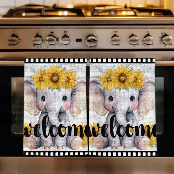 Cute Elephant Kitchen Towels Set of 1, Funny Sunflowers Animal Welcome Sign Linen Absorbent Dish Towels for Kitchen, Microfiber Hand Towel, Quick Drying Tea Towel for Cleaning Decorative Dishcloths