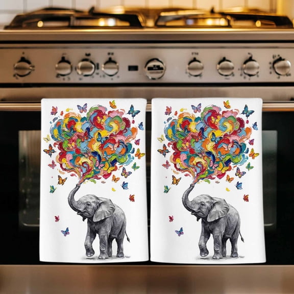 Cute Elephant Kitchen Towels Set of 1, Modern Abstract Oil Painting Aesthetic Absorbent Dish Towels for Kitchen, Microfiber Hand Towel, Quick Drying Tea Towel for Cleaning Decorative Dishcloths