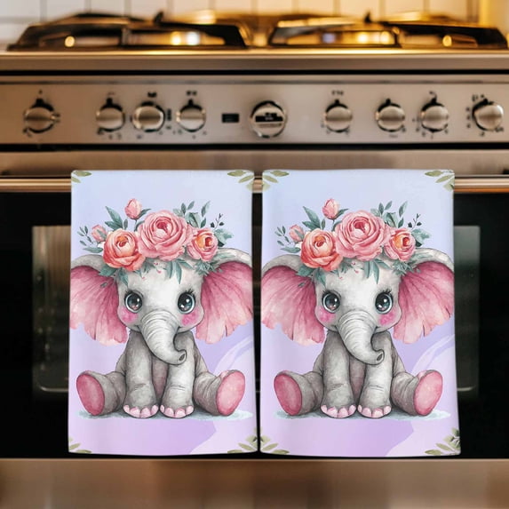 Cute Elephant Kitchen Towels Set of 4, Spring Floral Botanical Animal Watercolor Absorbent Dish Towels for Kitchen, Microfiber Hand Towel, Quick Drying Tea Towel for Cleaning Decorative Dishcloths