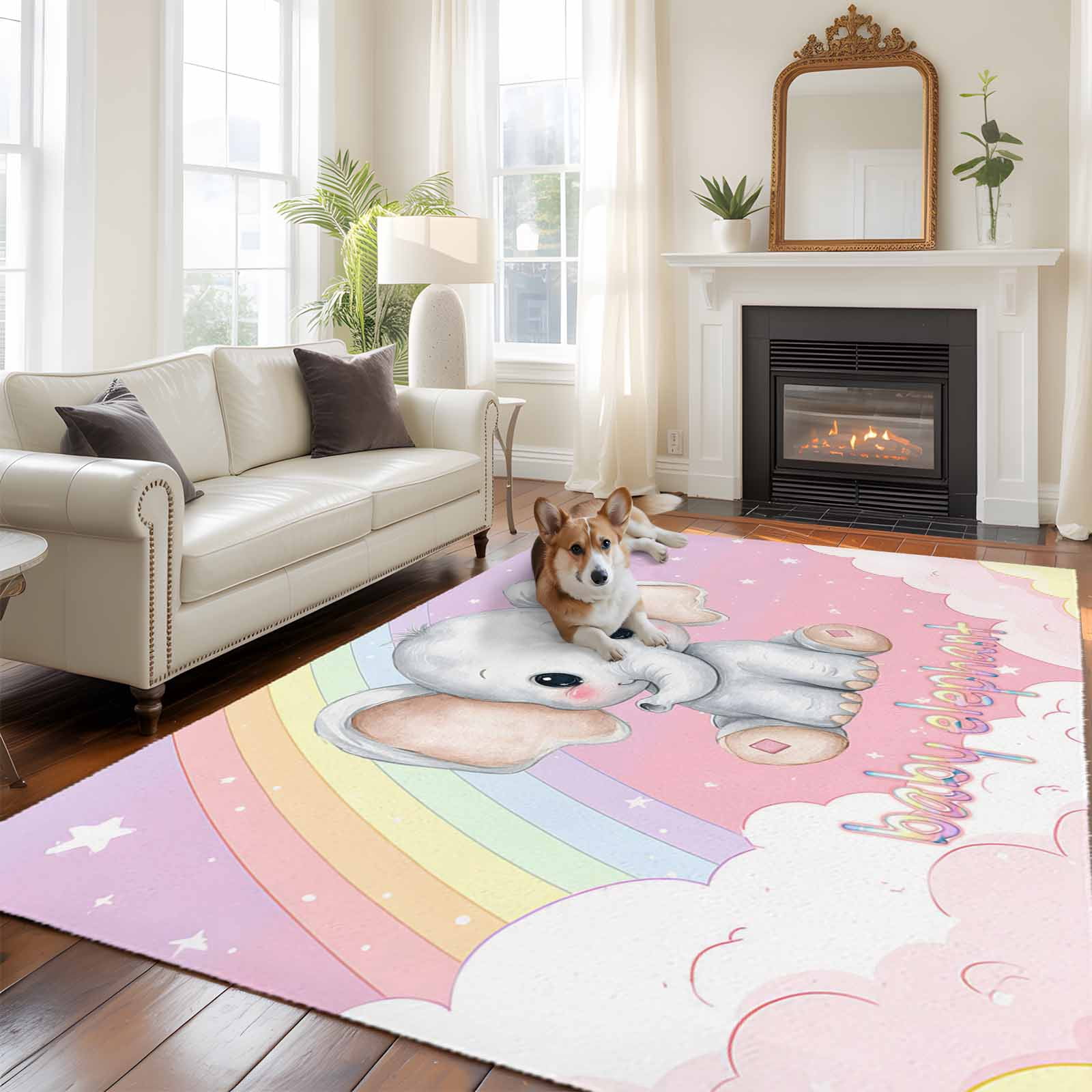 Cute Elephant Large Area Rugs 6x9 ft Dreamy Cloud Star Rainbow Pink ...