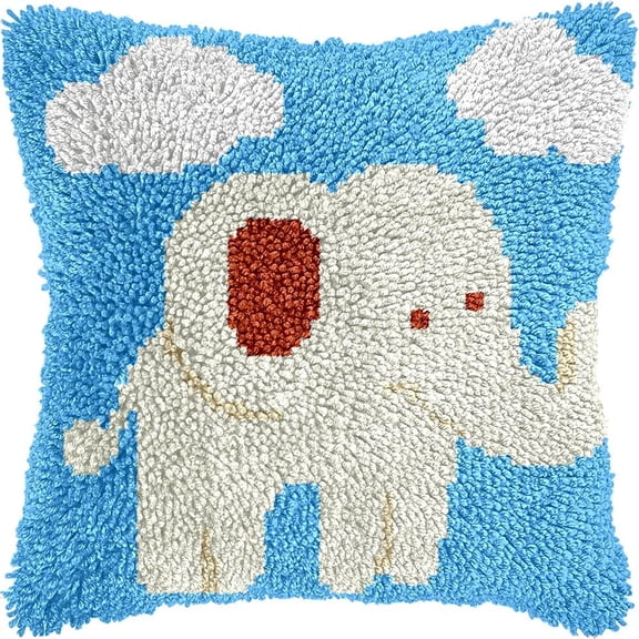 Cute Elephant Latch Hook Kits Pillow DIY Pillowcase Crochet Hook Cushion Making Kits with Preprinted Pattern Canvas Instruction Yarns Pillow Cover Easy Starter DIY Crochet Kits 43x43cmL88)