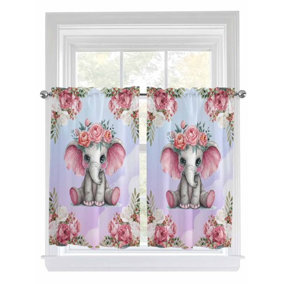 Cute Elephant Living Room Curtains 2 Panel, Spring Floral Botanical Animal Watercolor Cafe Window Treatment, Farmhouse Bedroom Bathroom Kitchen Curtains Drapes 104"x54"