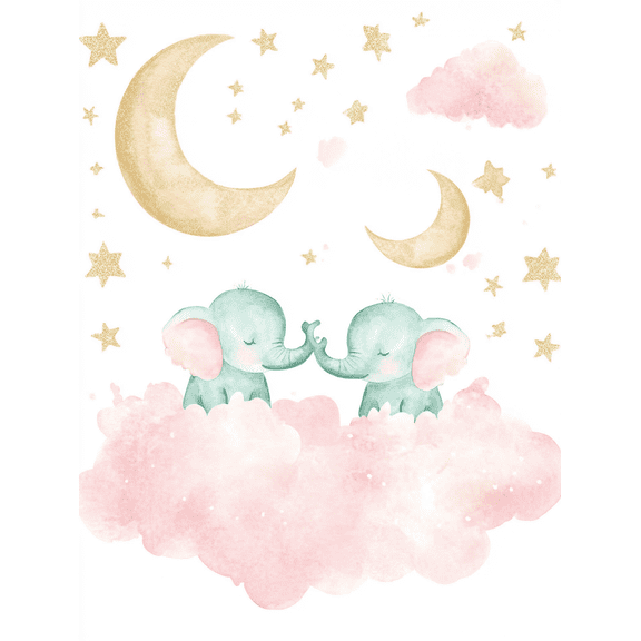 Cute Elephant Moon and Stars Wall Art/Canvas Print Suitable for Nursery Decor Bedroom Decor Living Room Decor Girl's Room Decor and Baby Room Decor.