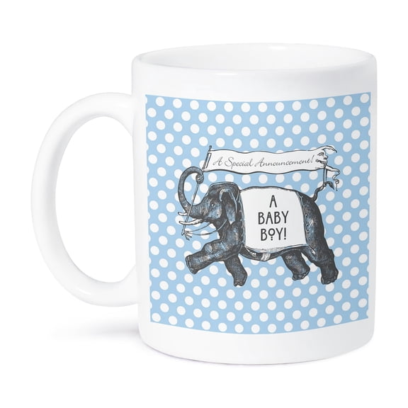 3dRose, Cute Elephant New Baby Boy Design over blue polkadots, 15oz Mug
