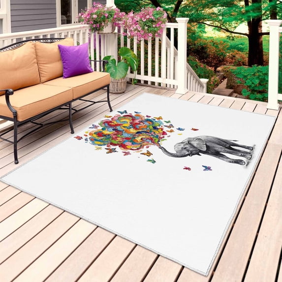 Cute Elephant Outdoor Rug 6x9 Ft, Non Slip Washable Area Rug, Modern Abstract Oil Painting Aesthetic Patio Rugs Carpet Runner, Large Floor Mat for Indoor/Outdoor Deck Porch Camping
