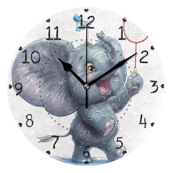 Cute Elephant Playing Badminton Cartoon Round Wall Clock Silent Analog Battery Operated Black Pointer Home Decor 9.84" Diameter
