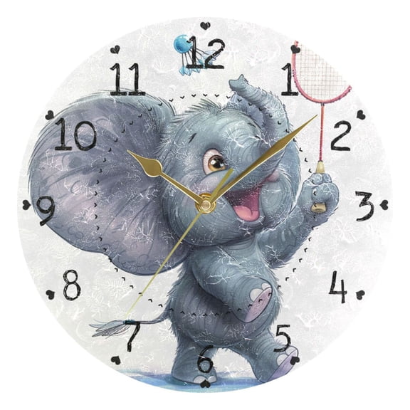 Cute Elephant Playing Badminton Cartoon Round Wall Clock Silent Analog Battery Operated Gold Pointer Home Decor 9.84" Diameter