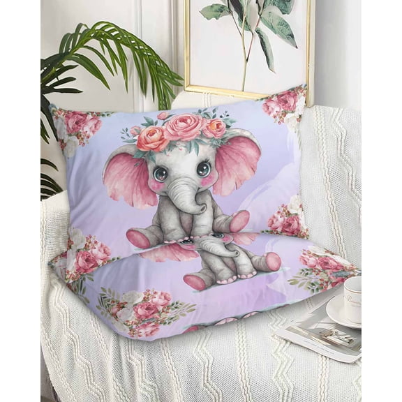 Cute Elephant Queen Pillow Cases Set of 2 - Microfiber Bed Throw Pillow Covers, Spring Floral Botanical Animal Watercolor Decorative Lumbar Pillow Cover with Envelope Closure for Sofa/Travel 20"x30"