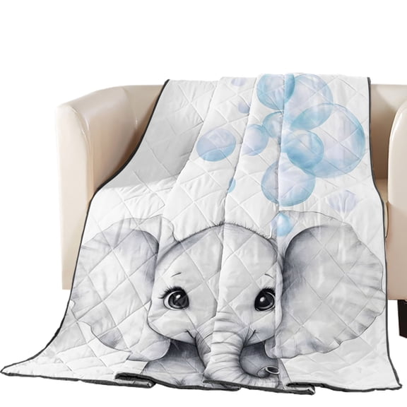 Cute Elephant Quilted Comforters Cooling Blanket Oversized Queen Size, Blue Watercolor Bubbles Animal Cold Comfort for Hot Sleepers Lightweight Air Conditioning Quilt Blanket for Bed