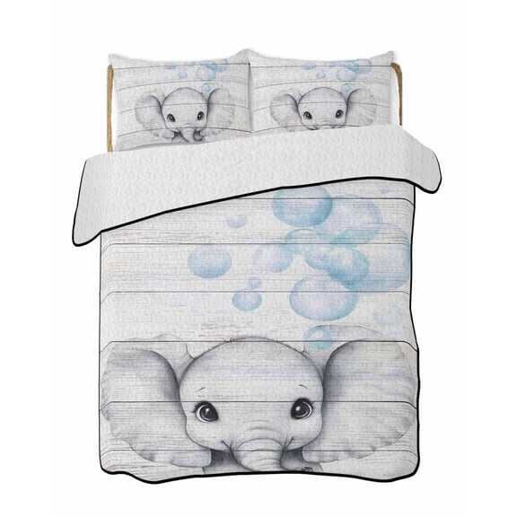 Cute Elephant Quilts Bedding Set California King Blue Watercolor Bubbles Animal Rustic Lightweight Quilted Bedspread 3 Piece Bed Quilt with 2 Pillow Shams All Season for Bedroom 96" x 106"